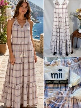 💥Mii Aux 1001 Nuits Plaid Tiered Maxi Dress Tassel Boho Resort Pink Blue Sz L🧡